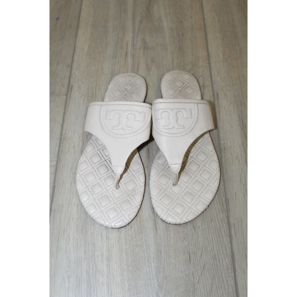 Tory Burch Fleming Cream Leather Quilted Flat Thong Sandals Women's 7M 5595 B18